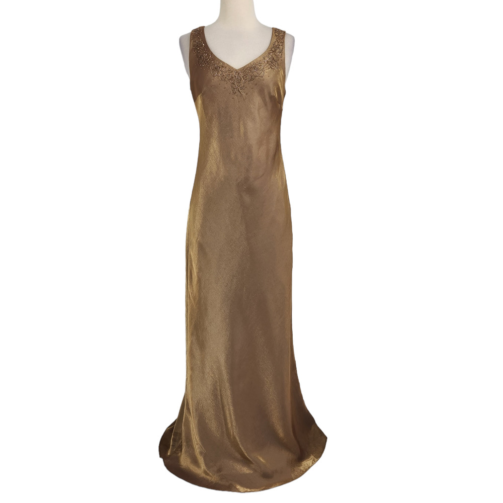 Vintage Alex Evening Gold Metallic Beaded Full Length Gown